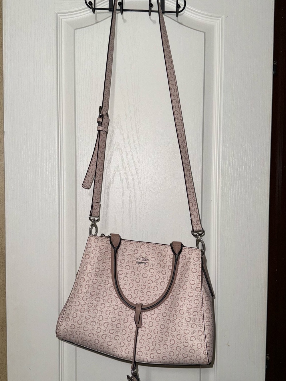 Guess Pink Logo-Print Shoulder Bag with Adjustable Strap
